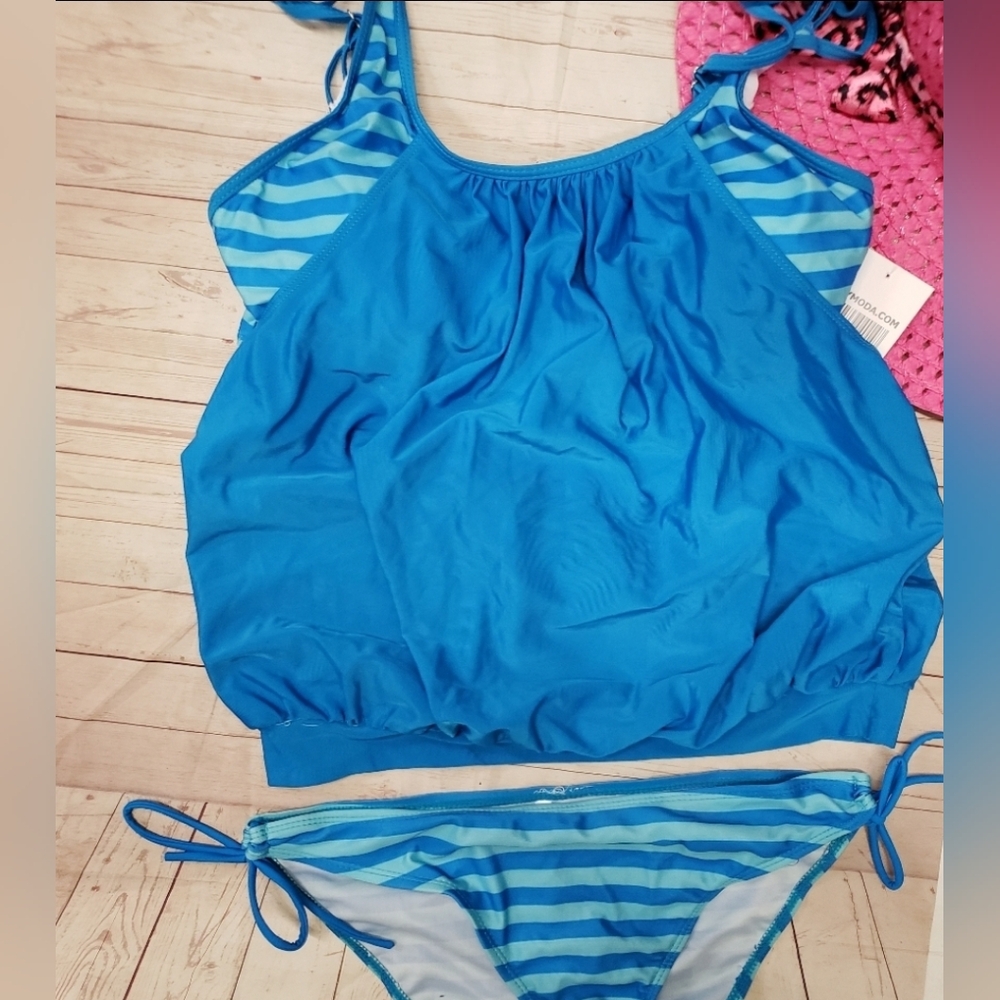 NWT🩱Turquoise Striped 2 Piece Tankini 2x - Picture 5 of 6